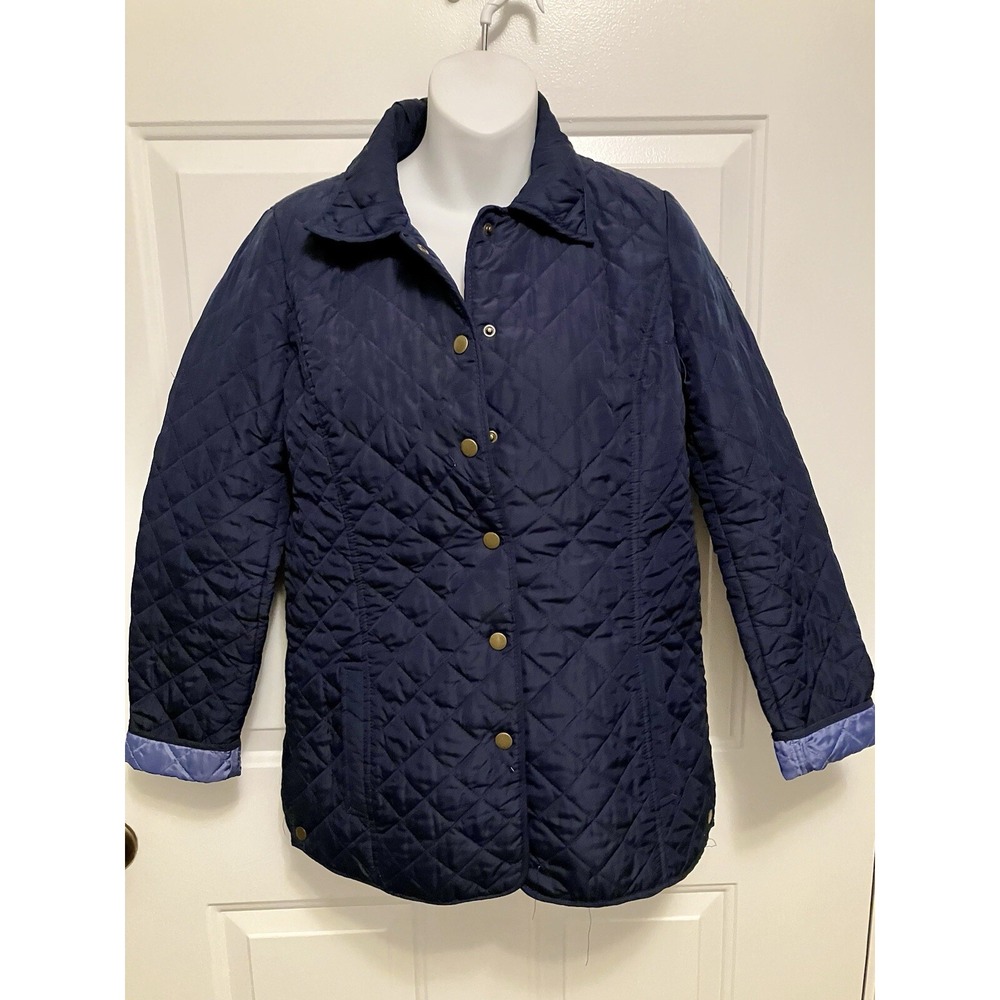 J Jill Quilted Jacket XS Navy Blue Insulated Snap Up Pockets Fall Winter Coat
